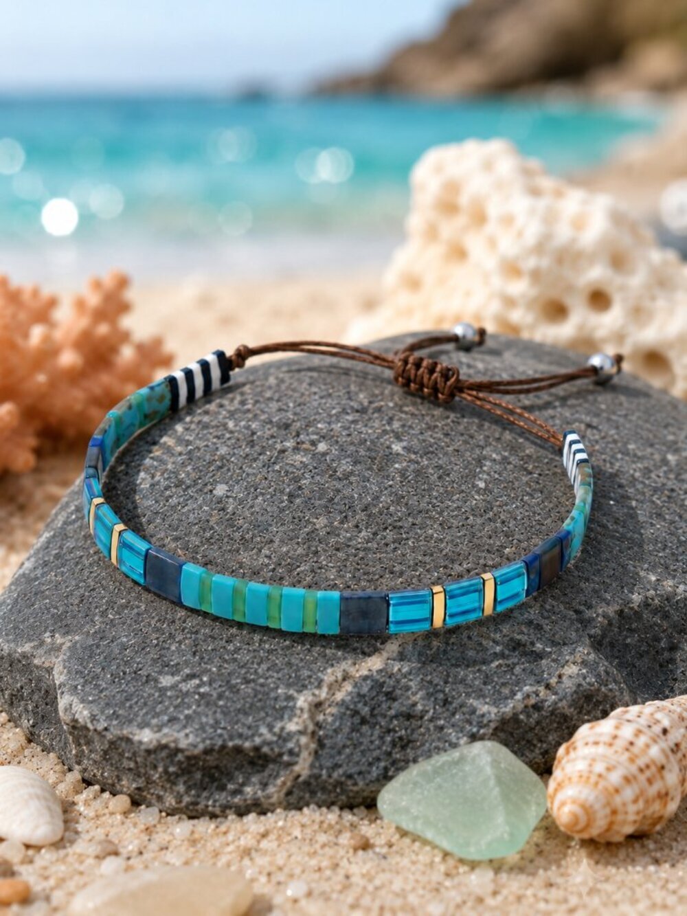 Miyuki Tila Bead Bracelet Blue Teal Adjustable Glass Tile Coastal Stacking